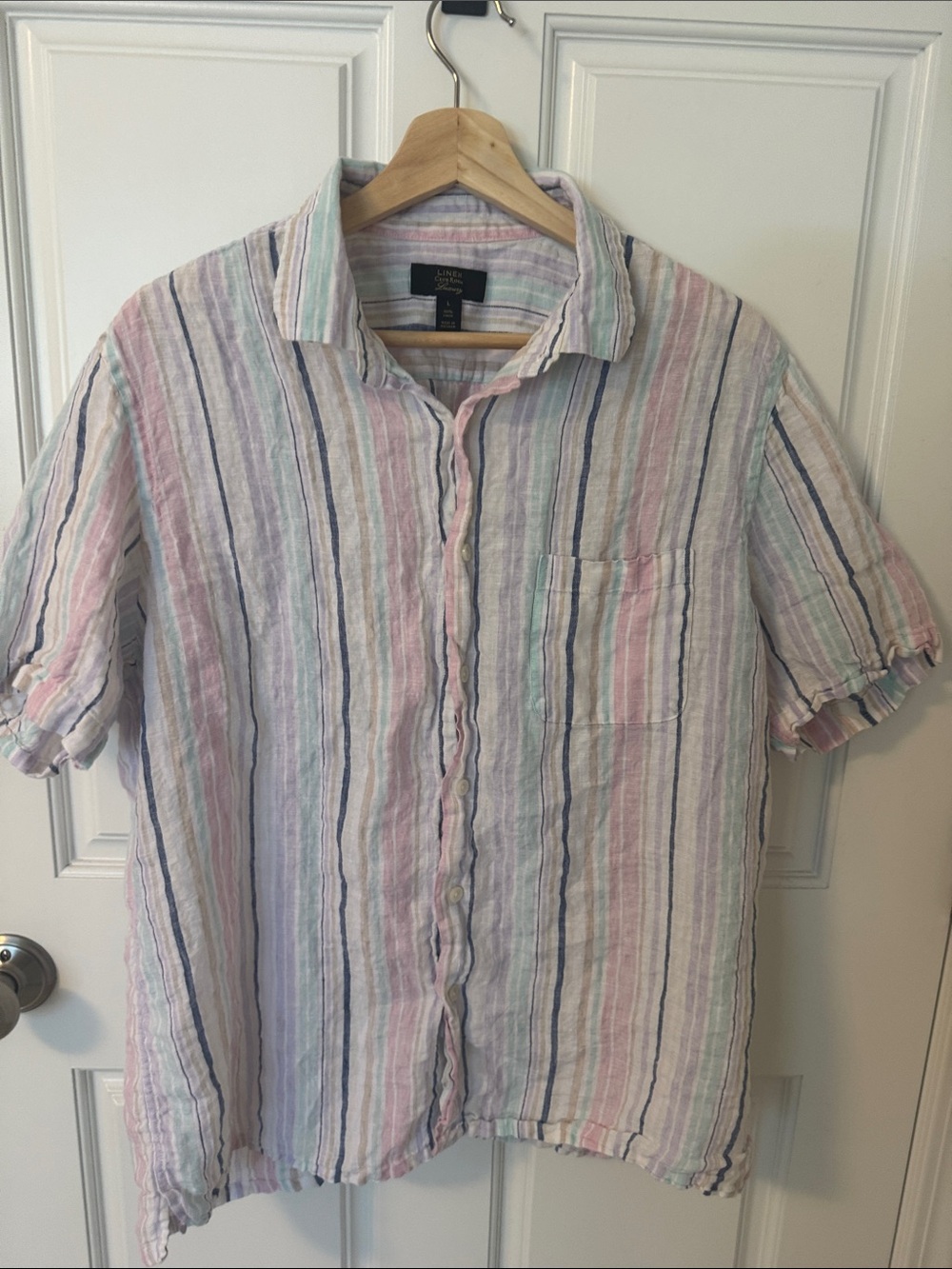 100% Linen Club Room Pastel Multi-Stripe Short Sleeve Button-Down Shirt